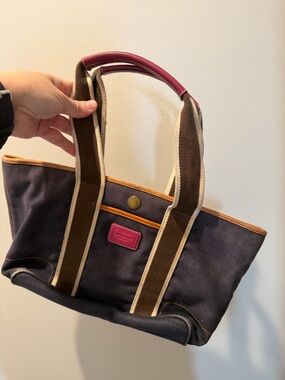 Coach Navy Canvas Tote with Pink Trim and Brown Straps